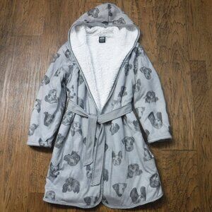WoodRow & Friends White Fleece Lined Dogs Pattern on Gray Hoodie Robe